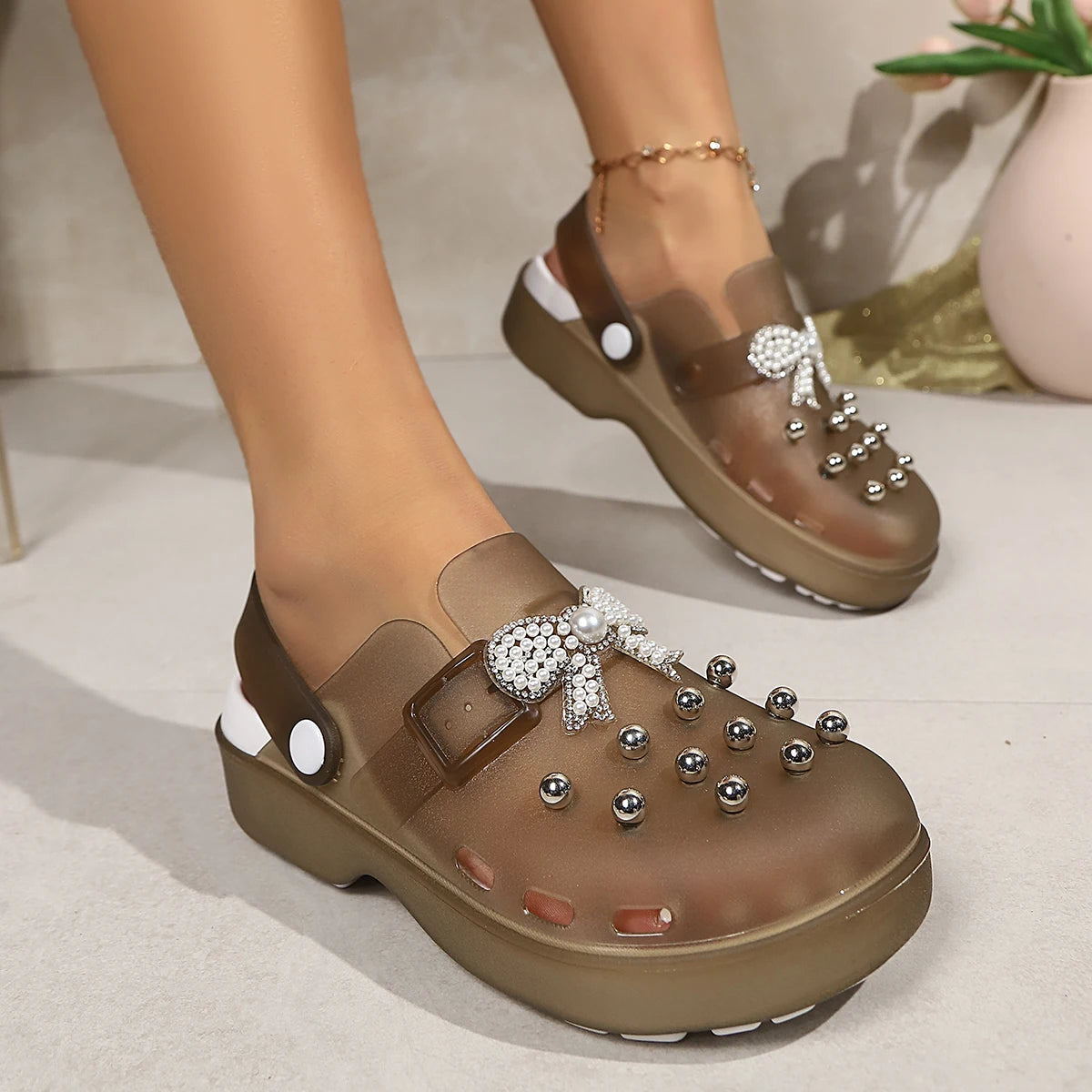 Pearls Bow Decor Platform Mules Sandals Women 2026 Anti Slip Sole Slip On Clogs Shoes Woman Breathable Thick Botom Beach Sandles