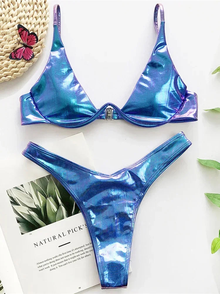 PU Leather Underwired V-bar Bikini Female Swimsuit Women Thong Swimwear Two-pieces Bikini Set High Cut Bathing Suit Swim Lady