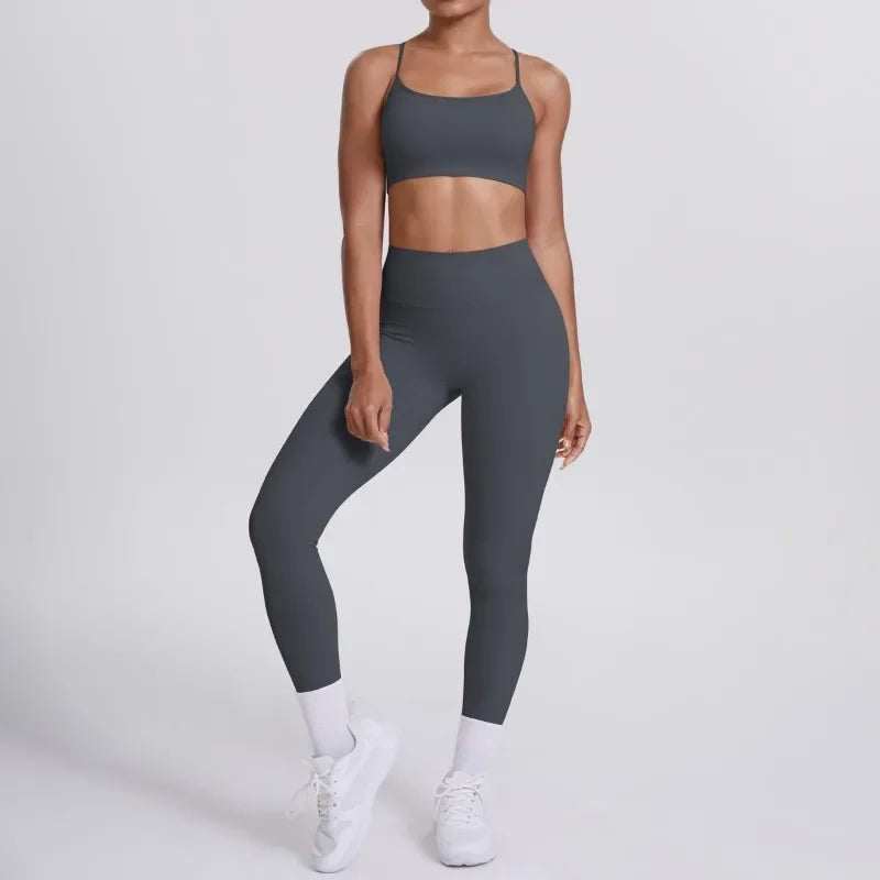 Women's Seamless Yoga Set Cross Back Sports Bra & High Waist Booty Lifting Yoga Leggings Gym Running Fitness Workout Outfit
