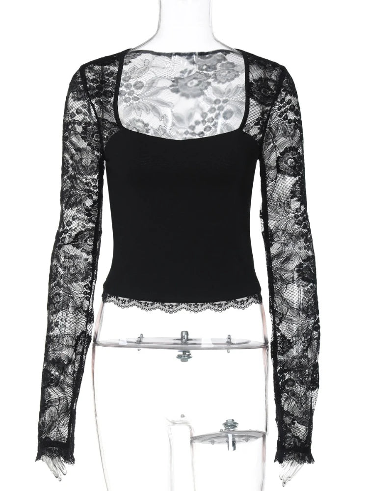 FDYOUI 2026 New Lace Patchwork Long Sleeve T-shirts for Women Square Collar See-through Slim Crop Tops White Black Tee Shirt