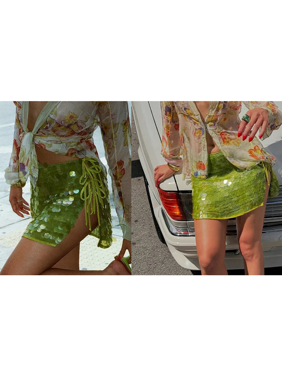 Women's Summer Solid Color Mini Sequins Skirts High Waist Side Split Tie Up Skirt for Daily, Travel, Parties