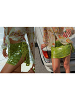 Women's Summer Solid Color Mini Sequins Skirts High Waist Side Split Tie Up Skirt for Daily, Travel, Parties