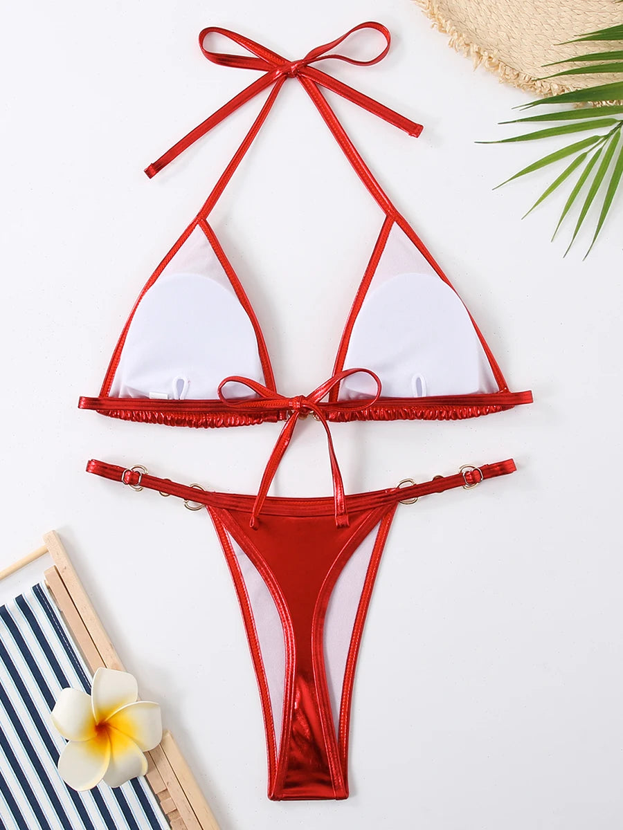 Triangle Thong Bikini 2025 Halter Pearl Link Swimsuit Women Padded Swimwear Female Bathers Bathing Swimming Swim Suit Beachwear