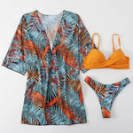 2025 Three Pieces Bikini Set Cover Up Swimwear Women Swimsuit Print Long Sleeve Push Up Bathing Suit Beachwear Swimming Biquini