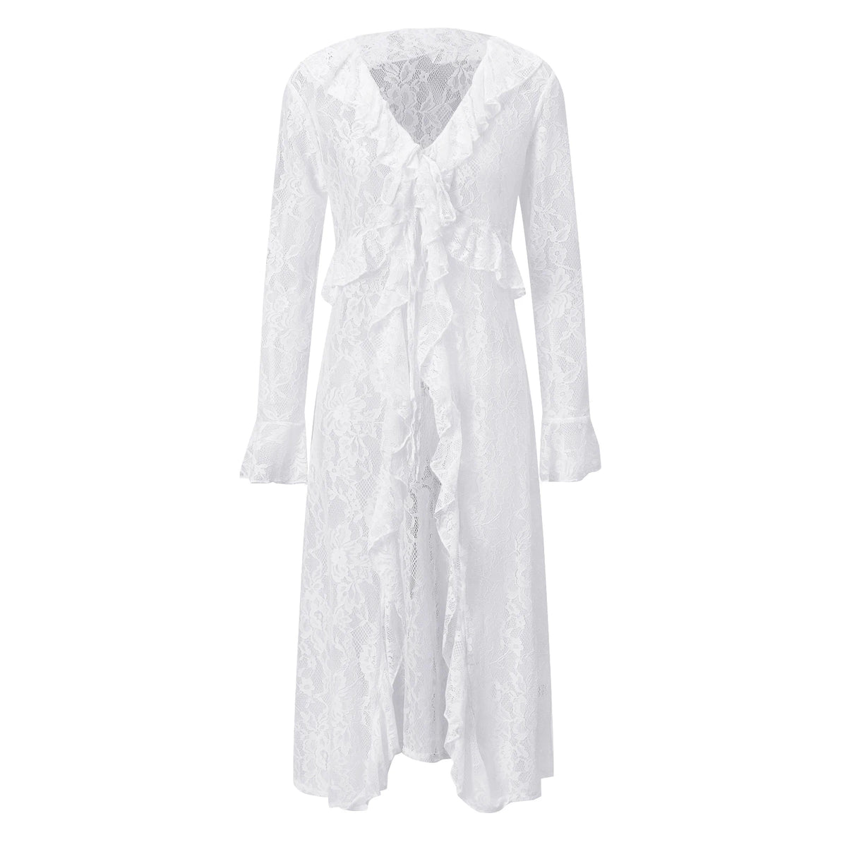 Women Casual Lightweight Floral Lace Ruffles Cover-ups Long Duster Summer Solid Color Tie Front Cardigan