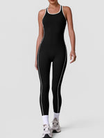 High Stretch Body Shaping Yoga Jumpsuit Women Black Patchwork Hollow Out Back Cross Fitness Sports One Piece Workout Bodysuits