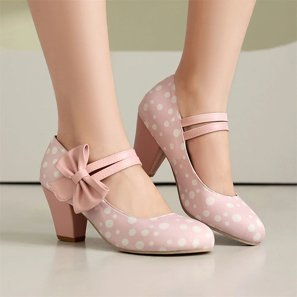Plus Size 33-48 Sweet Polka Dot Mary Jane Heels Shoes Women Pink Blue Side Bow Tie Round Toe Chunky Block Heel Cute Lolita Pumps
