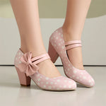 Plus Size 33-48 Sweet Polka Dot Mary Jane Heels Shoes Women Pink Blue Side Bow Tie Round Toe Chunky Block Heel Cute Lolita Pumps