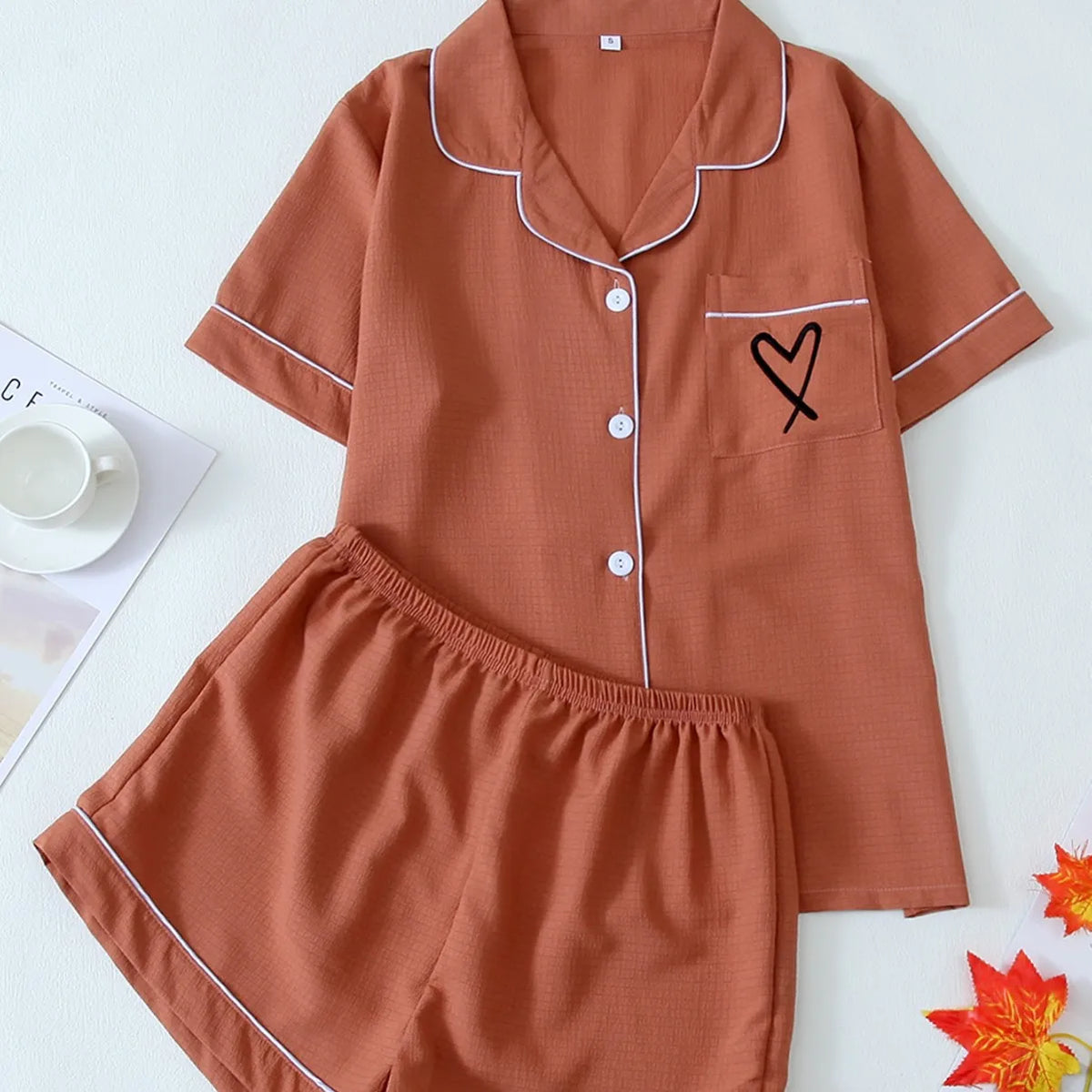 Women's Pajama Pocket Love Printed Pajamas Short Sleeve Top with Shorts Pajama Set Loungewear Pijama Pajamas for Women