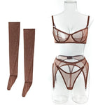 Toucheart Erotic Lingerie Comfortable Mesh Sexy Body Shaping Ultra-thin See-through Sexy Underwear Four-piece Set with Stockings