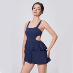 Naked Women's Tennis Dresses Sleeveless Short Cake Skirt Hollow Out Backless Gym Running Trainning Slim One Piece Sports Suit
