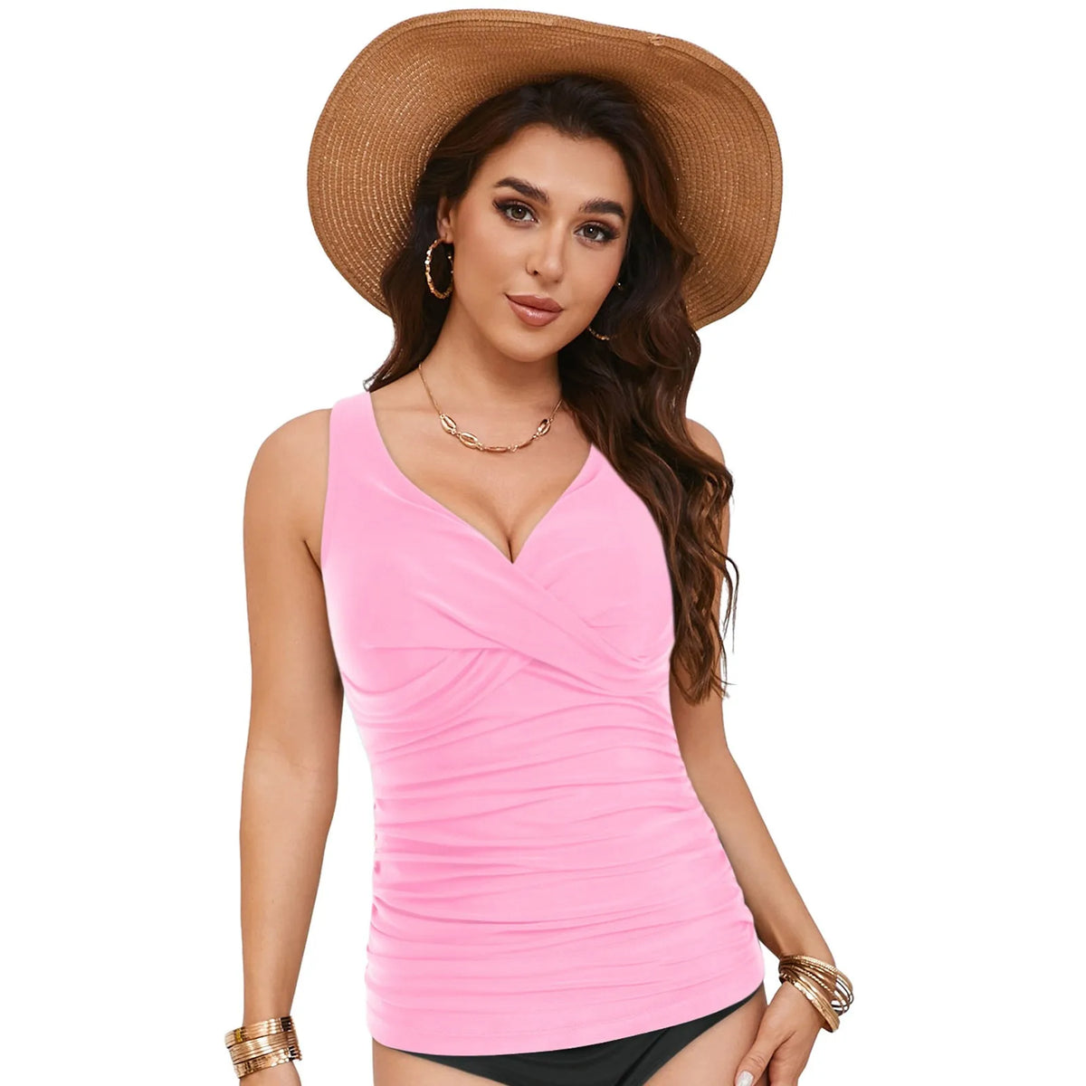 Women Bikini Tankini Top Front Knot Ruched Swimsuit V Neck Bathing Suit Swim Top Cross Back Swimwear Tops Summer Beach Wear