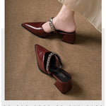 Summer New Baotou Sandals Pointed Toe Shallow Mouth Metal Chain One Slip Strap Anti-slip Outer Wear Square Heel High Heels