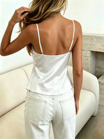 Women Satin Pajama Top Lace V‑Neck Tank Top Fashion Sleeveless Sleepwear Solid Color Versatile Top Ladies' Clothing