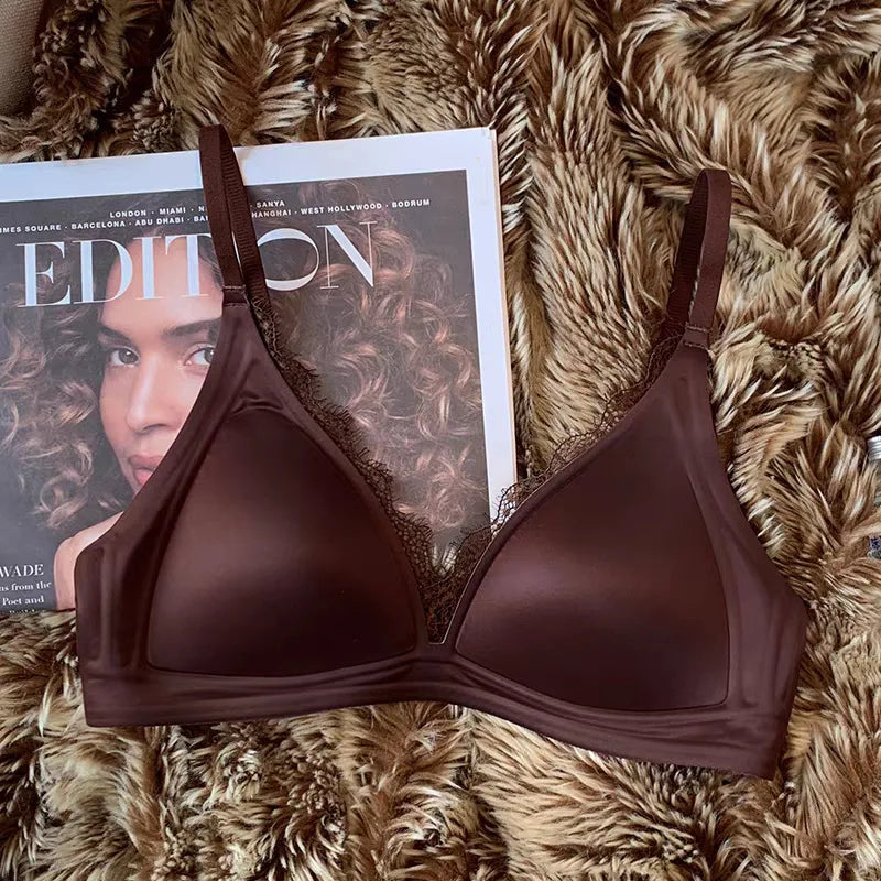 Glossy Satin Seamless Underwear Everyday BraWomen's Deep V-neck Thin Shoulder Strap Thin Bra for Women Bralette