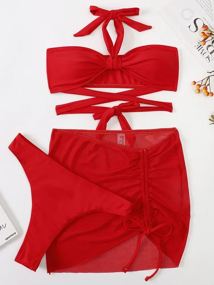 3 PCS Mesh Skirt Halter Wrap Around Bikini Female Swimsuit Women Swimwear Three-pieces Bikini Set Bathing Suit Swim Beachwear
