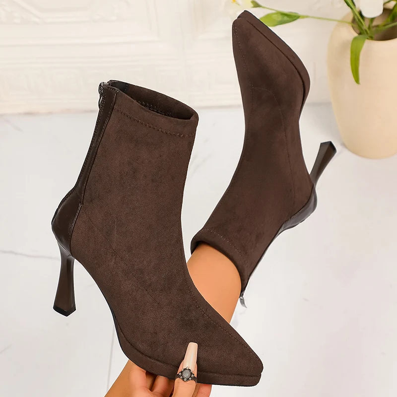 Sexy Pointed Toe Thin High Heels Boots Women Fashion Back Zipper Platform Ankle Boots Woman Super High Heeled Short Booties 42