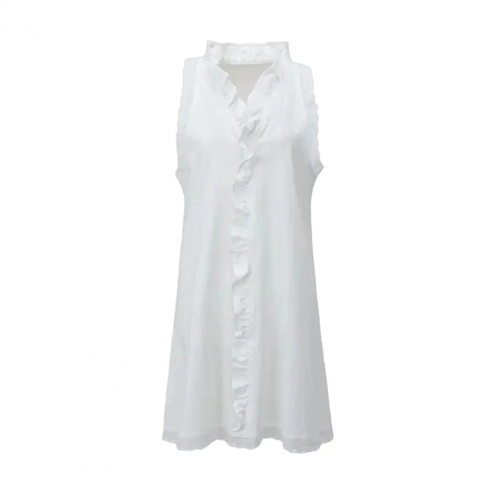 Women Summer Dress Ruffle V Neck Sleeveless A-line Mini Dress White Flower Edge Loose Short Dress Dating Prom Beach Dresses