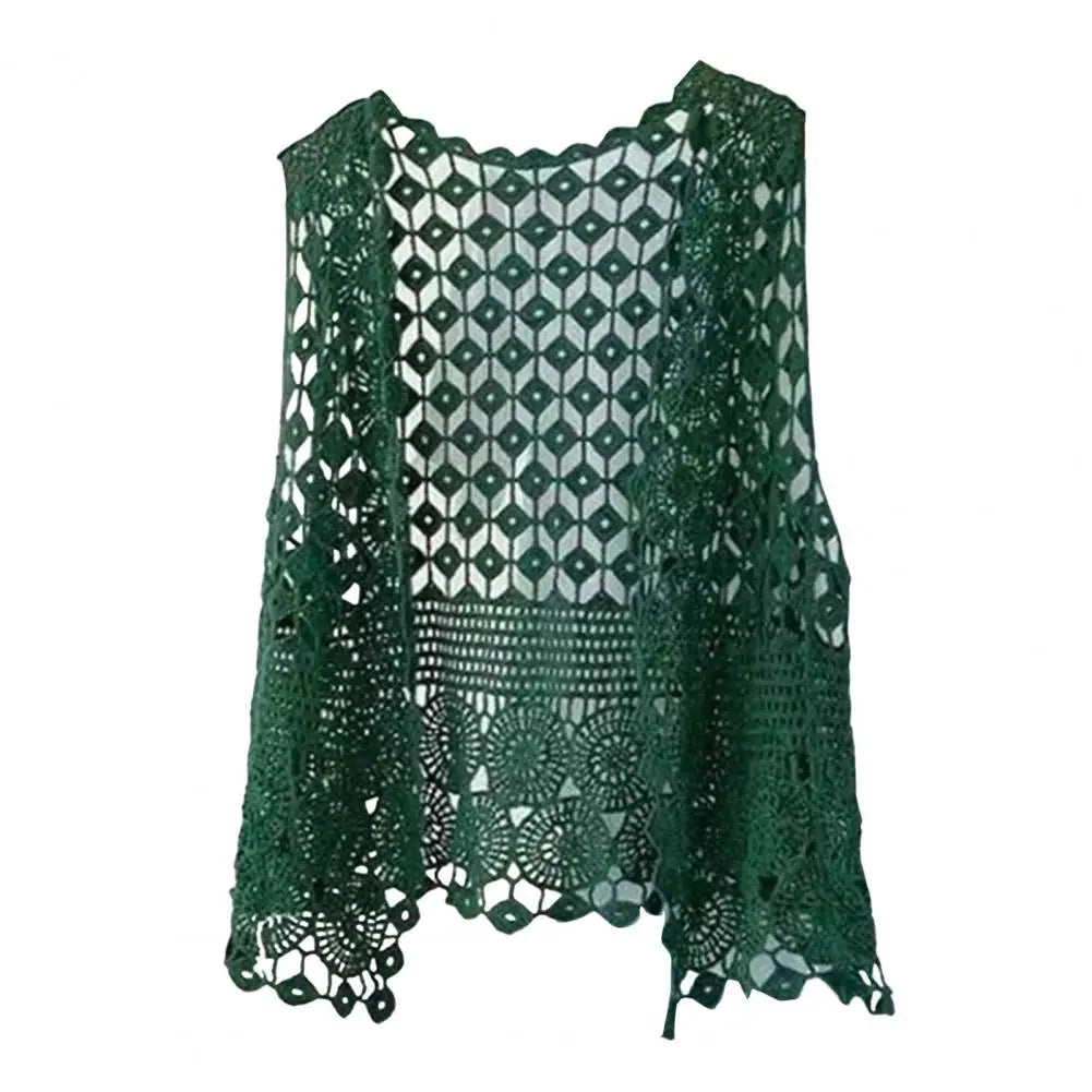 Women Summer Vest Hollow Out Retro Knitted Crochet Sleeveless Loose Open Stitch Thin Cardigan Daily Outwear Coat Top