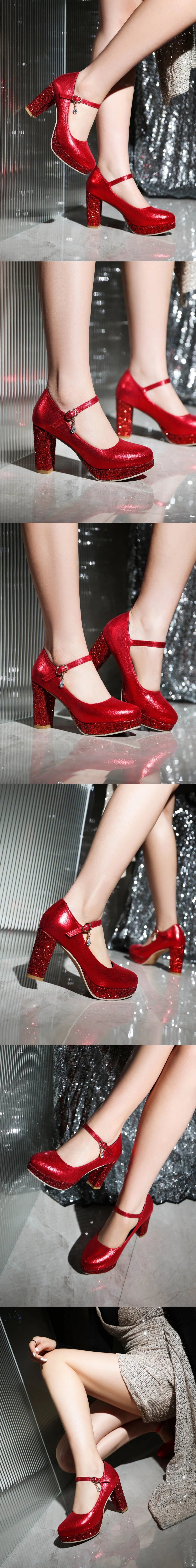 Plus Size 33-47 Metallic Gold High Heels Party Pumps Red Platform Heels Glitter Sequined 9cm Height Silver Wedding Shoes Women