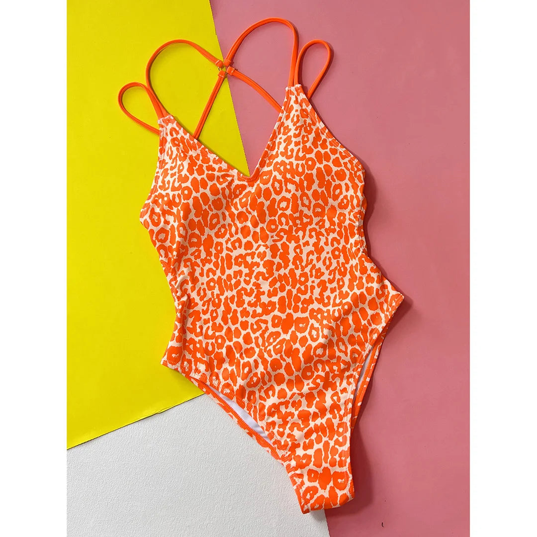 S - XL Sexy Leopard Printed V Neck Women Swimwear One Piece Swimsuit Female Backless High Leg Cut Bather Bathing Suit Swim V4808