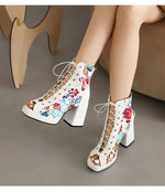 White Floral Embroidered Peep Toe Lace-Up Chunky Block Heel Platform Hollow Out Ankle Sandal Boots for Women