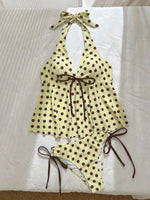 Sexy Yellow Polka Dot Print Bikini Set Swimwear Women Front Tie Push Up Padded Tank Top Drawstring Side High Waist Swimsuit 2026