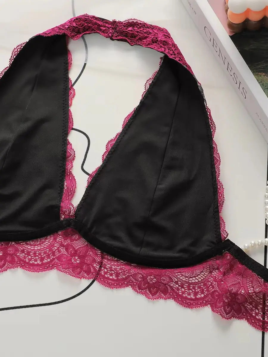 Women Floral Lace Halter Bralette Wireless Deep V Plunge Bow Decor Backless Bra Hollow Out Breathable Sexy Daily Lingerie A563