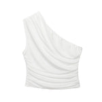 Women's One Shoulder Top Long Pants Set White Strapless Ruched Crop Top And Mesh Flare Pants Two Piece Set Out Party Outfit LNBK