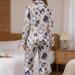 Women Autumn Winter New Printed Pajama Set, Lapel Collar Long Sleeve & Long Pants, Soft Comfortable Loungewear Daily Homewear