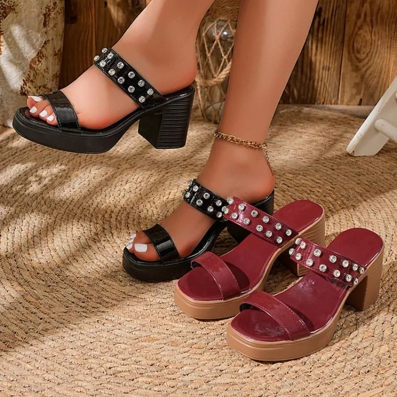 Women Sandals Summer Casual Open Toe Rhinestone Decoration High Heels Female Slip on Chunky