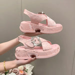 Fashion Crystal Buckle Platform Sandals Women Pink Embroidery Thick Heels Sandalias Mujer Comfortable Heightened Rome Sandals