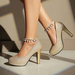 Elegant String Beads Women Wedding Shoes Bride Thin High Heels Gold Silver Pink 2026 Autumn Spring Plus Size 34-43 Lady