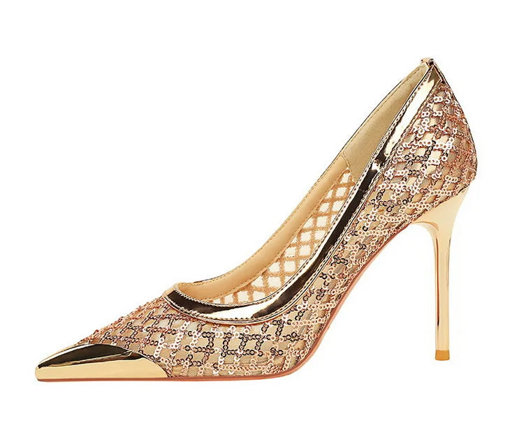 BIGTREE 2026 Fashion Metal Decoration Mesh Hollow Pointed Toe Woman Pumps Thin Heels Party Ladies Shoes Zapatillas De Mujer
