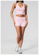 2PCS Yoga Set Women V-neck Cross Neck Shock-absorbing Sports Vest Workout Pleate Flip High Waist Shorts Gym Runing Fitness Suits