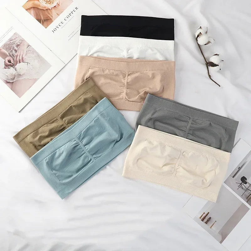 Women Seamless Tube Tops Strapless Bandeau Bra Solid Color Crop Top Wire-Free Underwear No Pads Intimates One Size