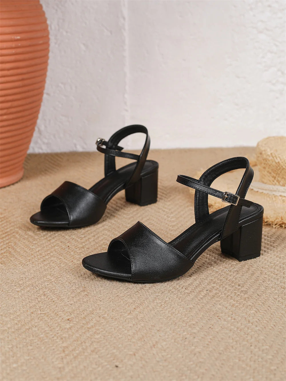 Size 42 Summer Classic Black White Ankle Strap Sandals for Women Elegant Blue Pink Square Heels Office Lady Shoes