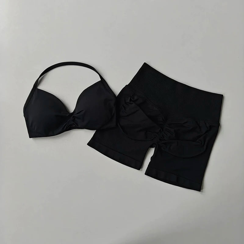 2PCS Backless Sports Bra High-Waisted Yoga Shorts Set Sexy Neck Hanging Design Abdomen Hip Lifting Fitness Outfit