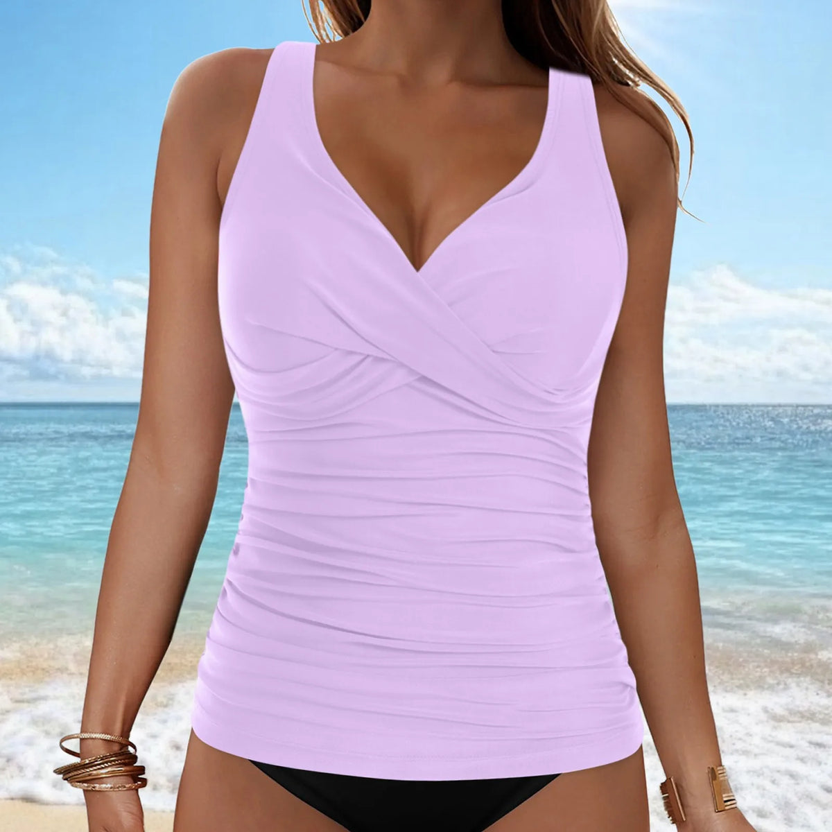 Women Bikini Tankini Top Front Knot Ruched Swimsuit V Neck Bathing Suit Swim Top Cross Back Swimwear Tops Summer Beach Wear