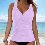 Women's Removable Padded Tankini Top V Neck Waist Defining Ruffled Separate Swimsuit Top Ruched Support Bathing Suit Swim Top
