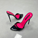 Patchwork Stiletto Heel Slippers Newest Pointed Open Toe One Strap Thin Heel Slip-on Sandals Sexy Big Size Dress Heels 12cm