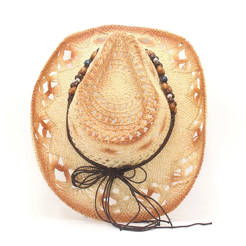Women Cowboy Hat Creative Curled Straw Hollow Design Ethnic Style Beads Chain Decoration Shade Straw Hat Summer Sun Cap