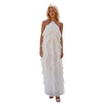 Women Fashionable Backless Sleeveless Ruffle Dresses Summer Holiday BeachSolid Color Halter Long Dress