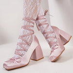 Big Size 43 Sweet Purple Mary Janes Pumps Ribbon Tied Satin 9cm Block High Heels Ballet Shoes Women White Party Wedding Shoes