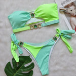 Luxuryt Bandeau Bikini 2025 Woman Sexy Orange Patchwork Cut Out Rhinestone Swimsuit Bathing Suit Thong Swimwear Traje De Baño