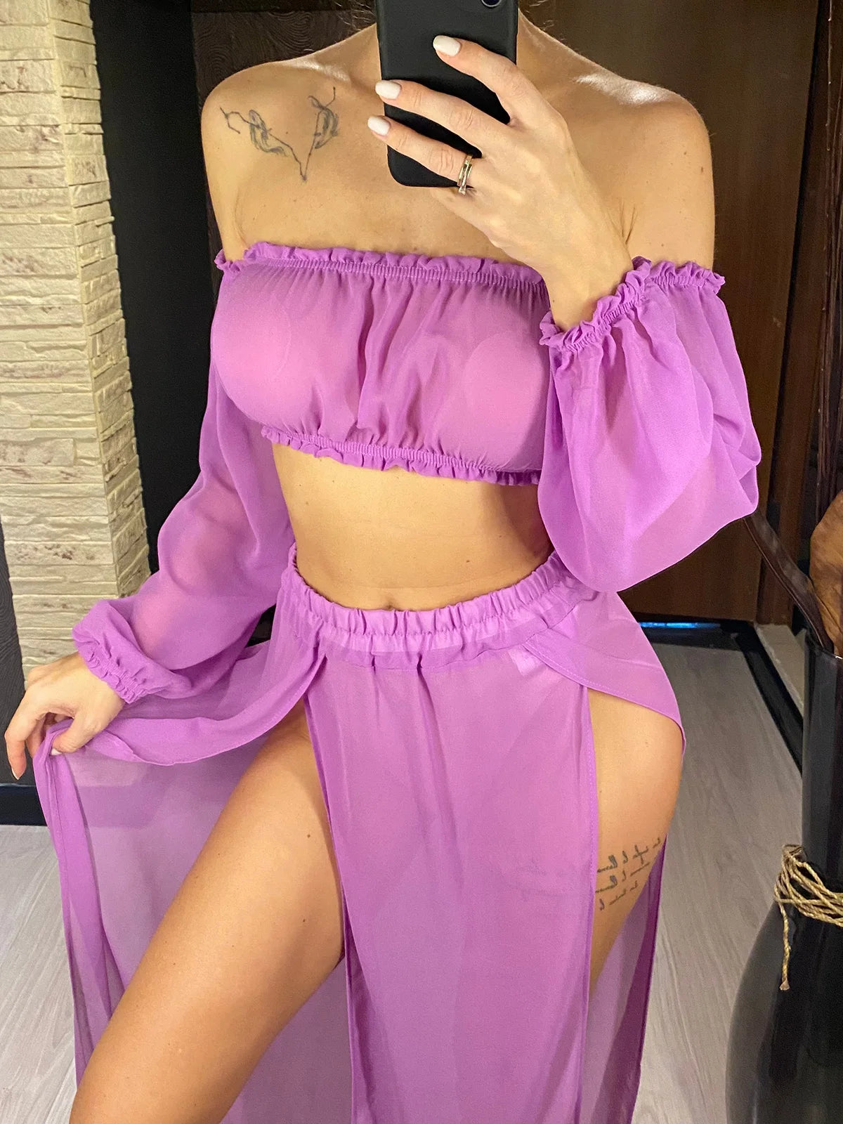 2026 Leopard Off Shoulder Long Sleeve 2 Pieces Set Beach Cover Up Cover-ups Beach Dress Beach Wear Beachwear Female Women V3728