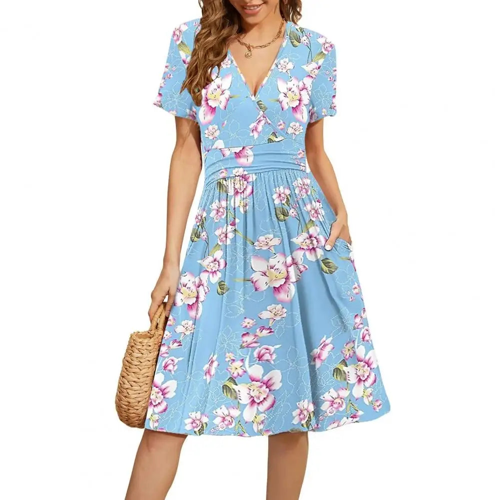 Women Dress Short Sleeve V-Neck Flowy Dress Casual Pleated A-line Swing Dress with Pockets Summer Beach Sundress