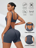 Women's Solid Colour Threaded Backless Yoga Suit U Neck Sleeveless Sports Jumpsuit Stretch Women Bodysuit Without Bust Pads