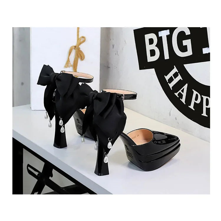 BIGTREE Shoes Women's High Heels Hollow Platform Waterproof Thick Heel Pointed Toe Sandals Match Dress Wedding Shoes Knot