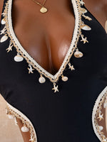 DEKA Sexy Black Shell Starfish Ornament One Piece Swimsuit Women Deep V Neck Hollow Out Backless Bathing Suit Holiday Swimwear
